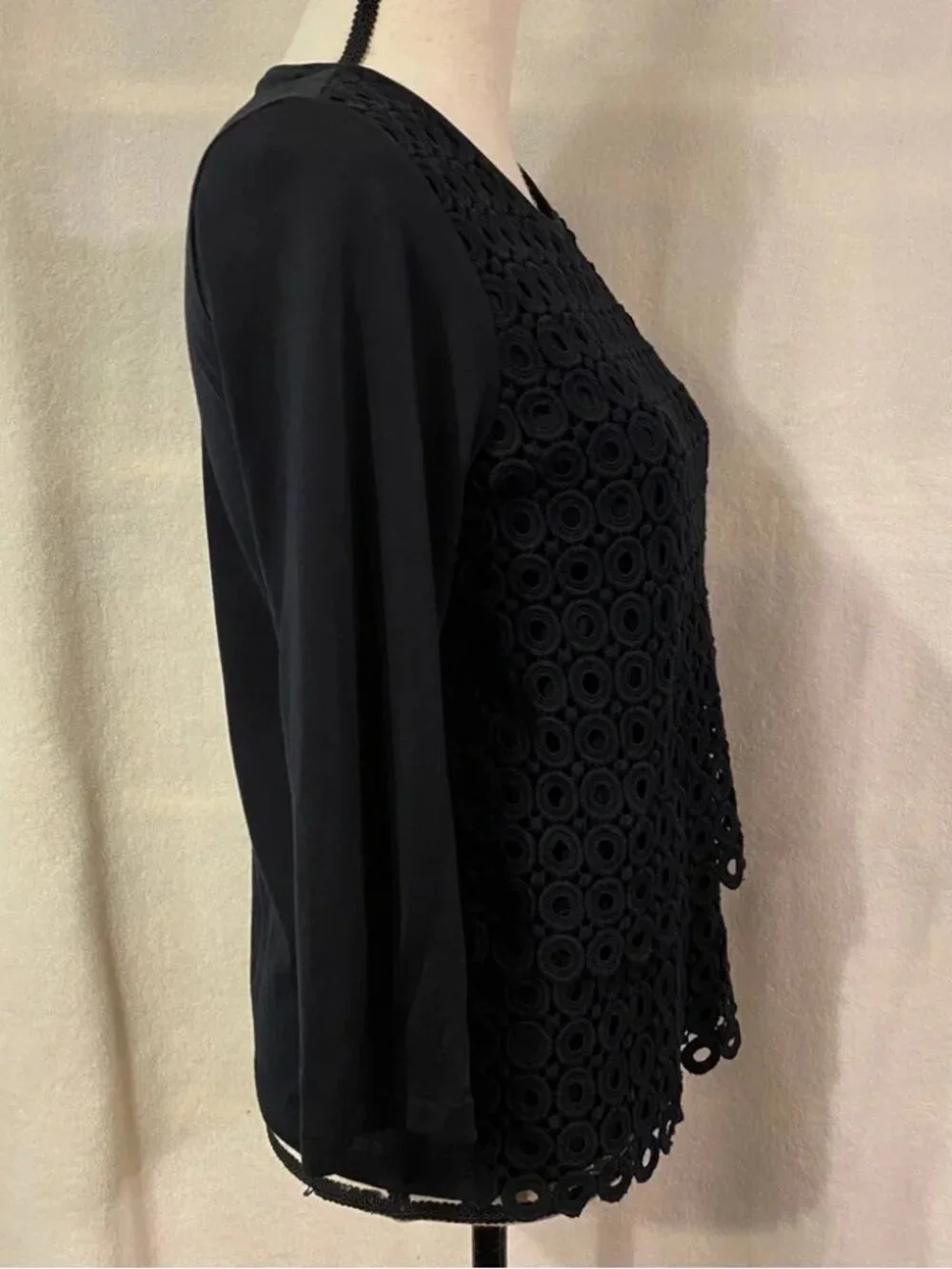 J. Crew black circle crochet lace layered tiered 3/4 sleeve cotton top
